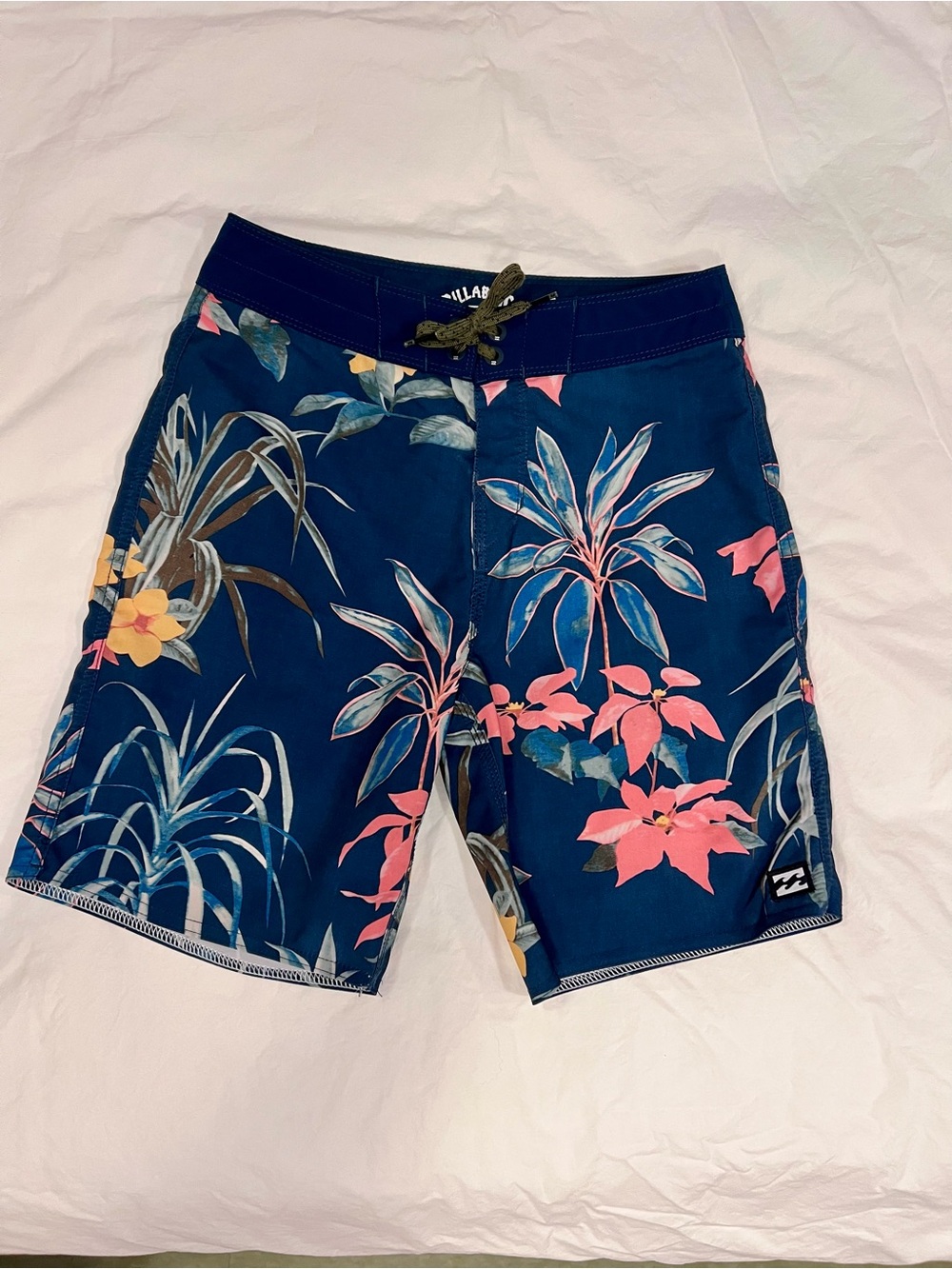 Kids Billabong Navy Tropical Floral Swim Trunks with Pink Accents